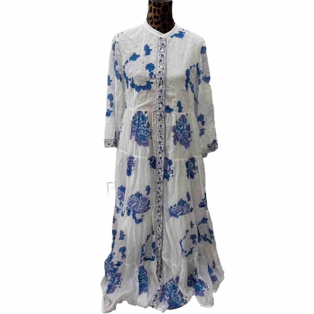 Oliphant Women’s 3/4 Button Maxi Portofino Floral Flowy Sz M White Blue